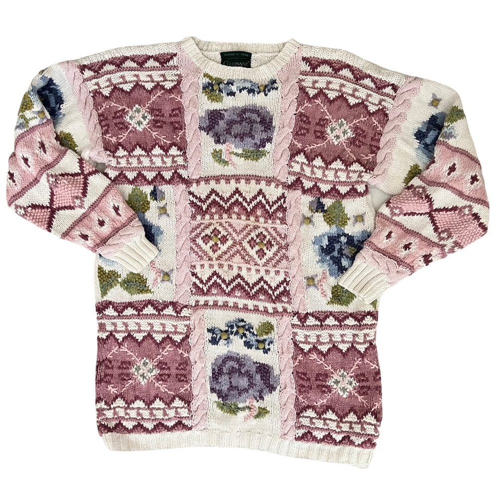Cullinane Hand Knit VTG Heavy Weight Floral Crewneck Long Oversize Sweater EUC M